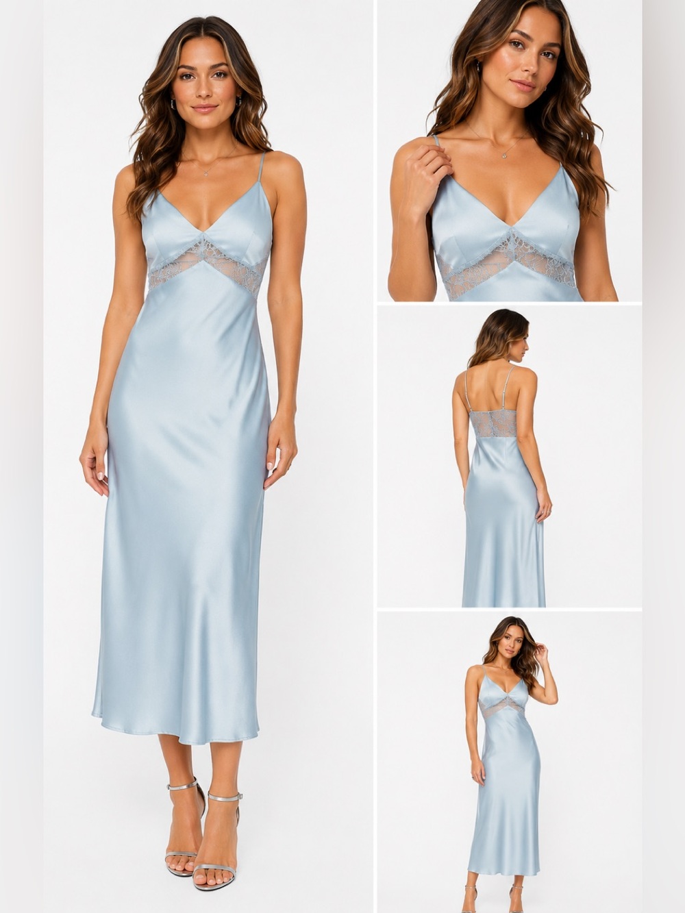 Dynamite Ashley Blue V-Neck Satin Slip Midi Dress Sz L NWT